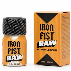 Poppers Iron Fist RAW Mini 10 ml en flacon aluminium doré compact, finition premium