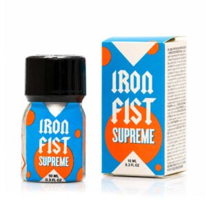 Poppers Iron Fist Suprem 10 ml, flacon aluminium compact bleu et orange avec formule associant pentyle et butanol.