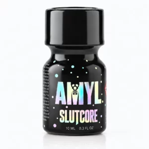Poppers Amyl Slutcore 10 ml, formule au nitrite d’amyle dans un petit flacon noir au design holographique Slutcore.