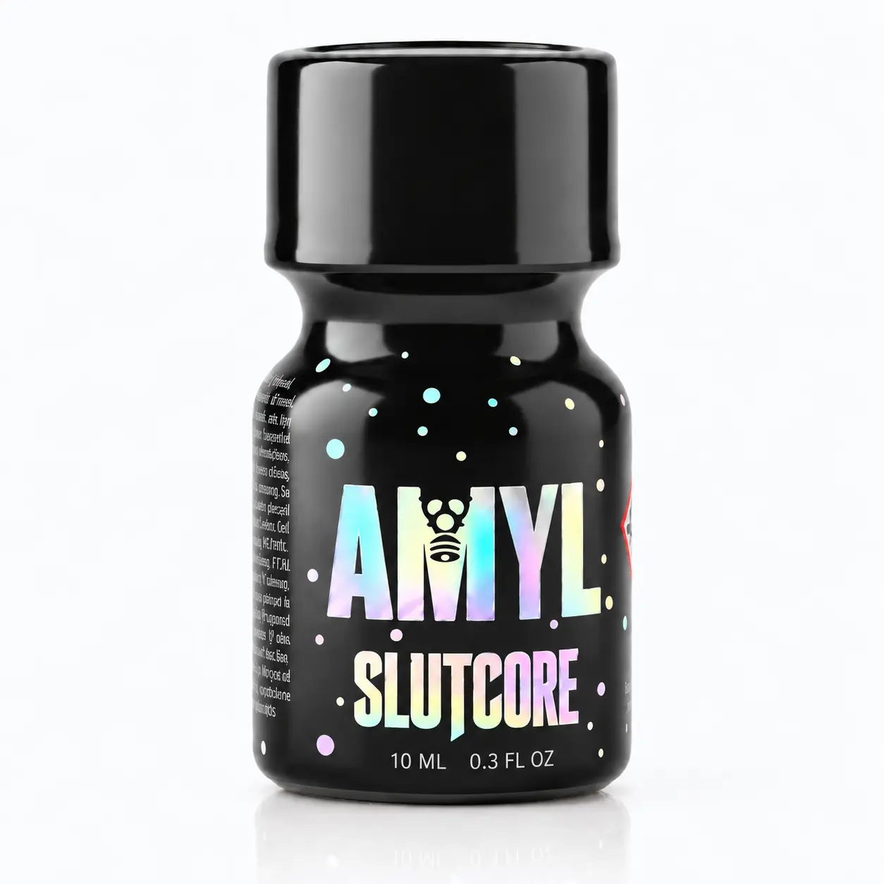 Poppers Amyl Slutcore 10 ml, formule au nitrite d’amyle dans un petit flacon noir au design holographique Slutcore.