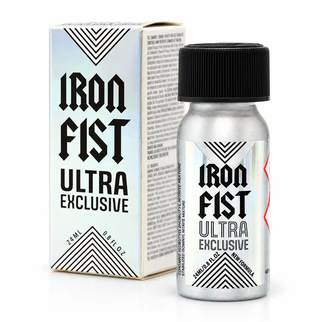 Poppers Iron Fist Ultra Exclusive 24 ml, formule à base d’amyle dans un grand flacon aluminium argenté, accompagné de son étui premium.