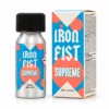 Poppers Iron Fist Supreme 24 ml, formule associant pentyle et butanol dans un grand flacon aluminium argenté au design bleu et corail.
