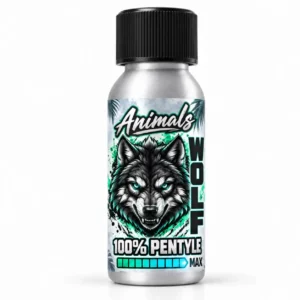 Poppers Animals Wolf 25 ml, formule 100 % Pentyle Max dans un grand flacon aluminium argenté, habillé du loup noir et vert emblématique de cette version.