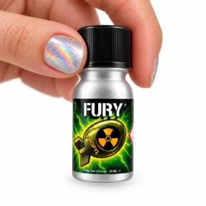Poppers Fury Propyl Vert 10 ml, formule au nitrite de propyle dans un flacon aluminium compact, reconnaissable à son étiquette verte électrique et son symbole Fury.