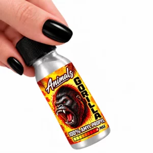 Poppers Animals Gorilla 25 ml, formule Amyl + Propyl Max dans un imposant flacon aluminium, avec son emblématique gorille sur fond flamboyant.