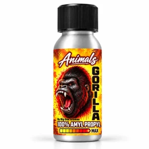Poppers Animals Gorilla 25 ml, formule Amyl + Propyl Max dans un imposant flacon aluminium, avec son emblématique gorille sur fond flamboyant.