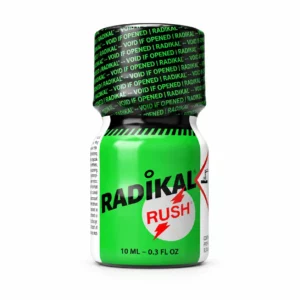 Poppers Radikal Rush Butanol 10 ml, reconnaissable à son flacon vert électrique et à son identité graphique Rush Radikal.
